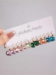 6 Pairs Colorful Glass Crystal Earrings, Elegant Glass Crystal Dangle Earrings, A Stylish Gift For Friends, For Daily Wear