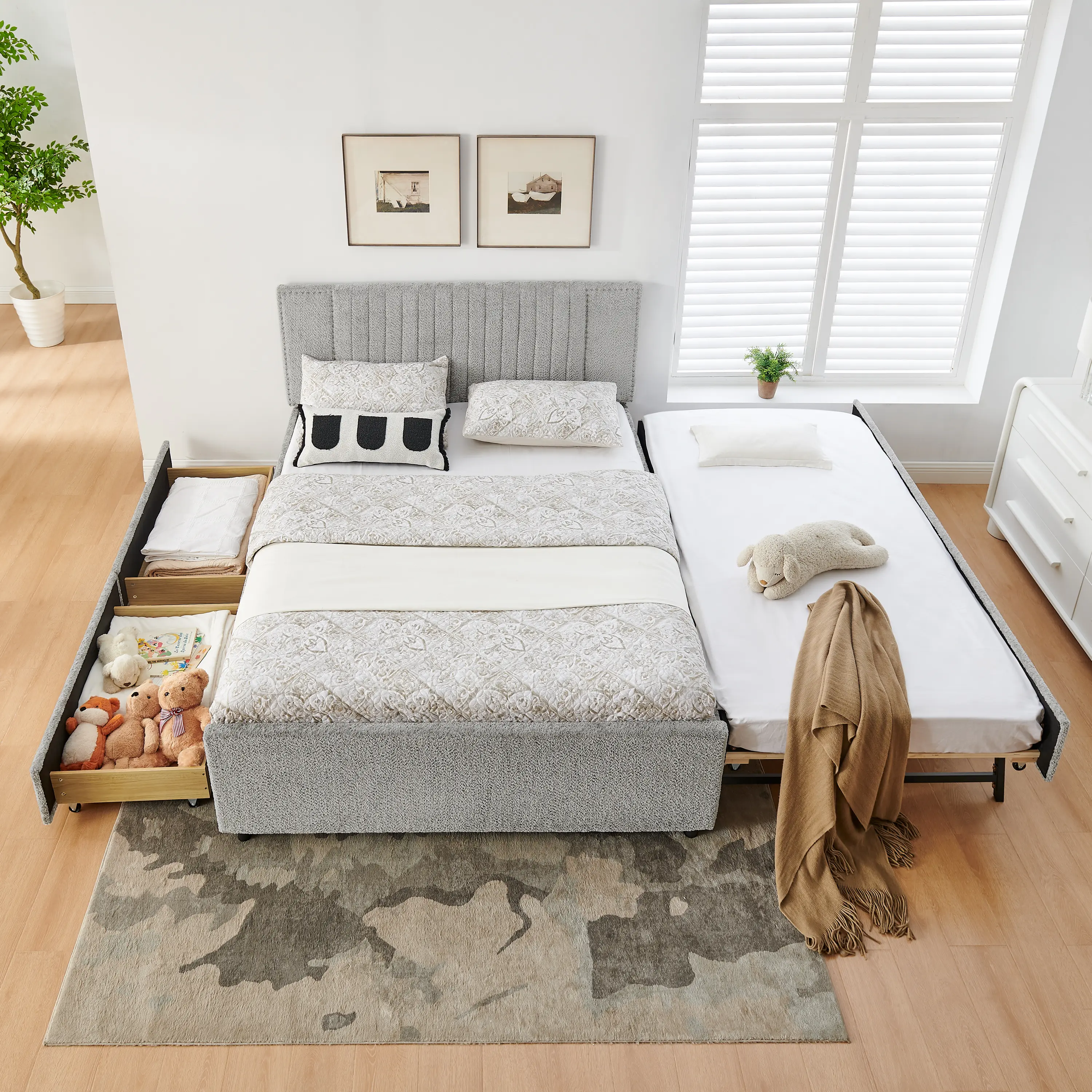 Summerwins 2-in-1 Tufted Chenille Fabric Day Bed Frame - Full/Queen Size with Hidden Trundle, Storage Drawers, Nailhead Trim, High-Padded Headboard, 79.5''x58''x43'', Assembly Required, for Small Bedrooms (Beige, Grey), A Day Bed, Minimalist, Pull Out Bed
