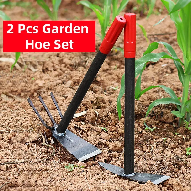 2Pcs Garden Hoe Tool Set, 35cm Handheld Weeding Hoe & 2 in 1 Hoe Rake Combo, Heavy Duty Manganese Steel Gardening Tool Kit for Raised Garden Beds, Balcony Gardening, Weeding, Digging & Soil Loosening, Garden Tools
