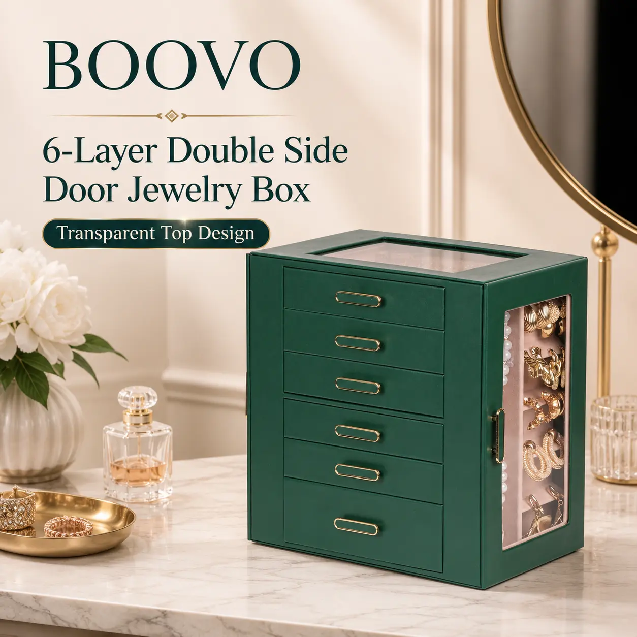 BOOVO Sage Green Large Glass Lid Jewelry Organizer for Women - 6-Layer, Double-Side Doors, Antitarnish Dustproof, Lockable Key Lock, Large-Capacity Storage Box for Bedroom Necklaces, Rings, Jewelry for Women