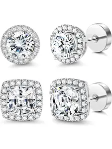 Flat Back Stud Earrings 14K Real Gold Plated Cubic Zirconia Stud Earrings Hypoallergenic Round Square Big Simulated Diamond Stud Earrings for Women Men 20G