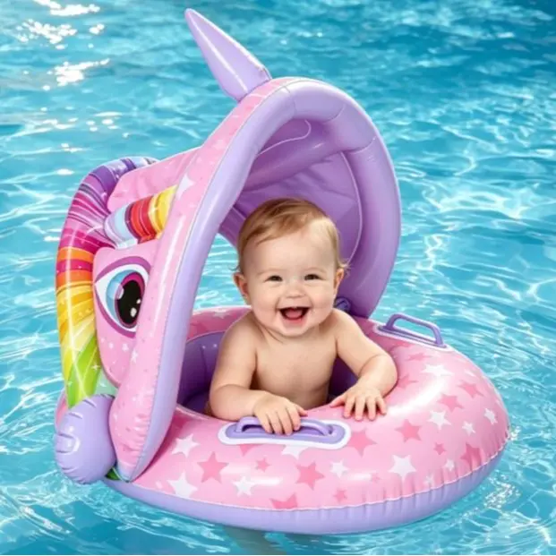Baby Swimming Float Inflatable, Baby Pool Float Ring with Sun Canopy Inflatable, Inflatable Swimming Floats for Age of 6-36 Months beach party
