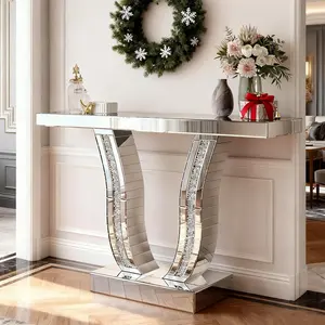 Mirrored Console Table with Crystal-Inlaid U-Shape Base Modern Elegant Silver Glass Entryway Tables for Living Room Luxury Accent Sofa Table with Curved Frame (Silver Table)