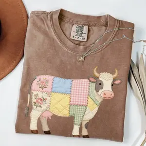 Comfort Colors PRINTED Faux Patchwork Cow T-Shirt, Quilted Farmhouse Cow Tee, Gingham Floral TShirt, Rustic Country Animal Top, Cute Cottagecore Gift