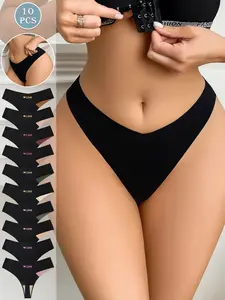 Women's V-Shape Low Waist Patchwork Thongs, Slim-Fitting Sexy Underwear, 5/10 Pieces Set, All Seasons Daily Wear Lady