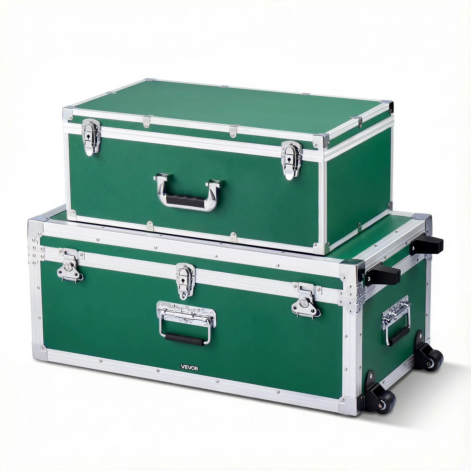【Father's Day Gift】VEVOR 2-Piece Metal Storage Set, Wooden Suitcase Boxes with Padlocks, Large Unit with Casters & 3 Metal Handles, Decorative Lidded Chest (Includes Small Unit) for Camping/Home Use, Green