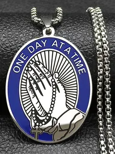 One Day At A Time Pray Hand Rosary Cross Pendant Necklace, Stainless Steel Catholic Amulet Chain Necklace, Fashion Jewelry Accessories for Women & Men, Cross Charm Necklace