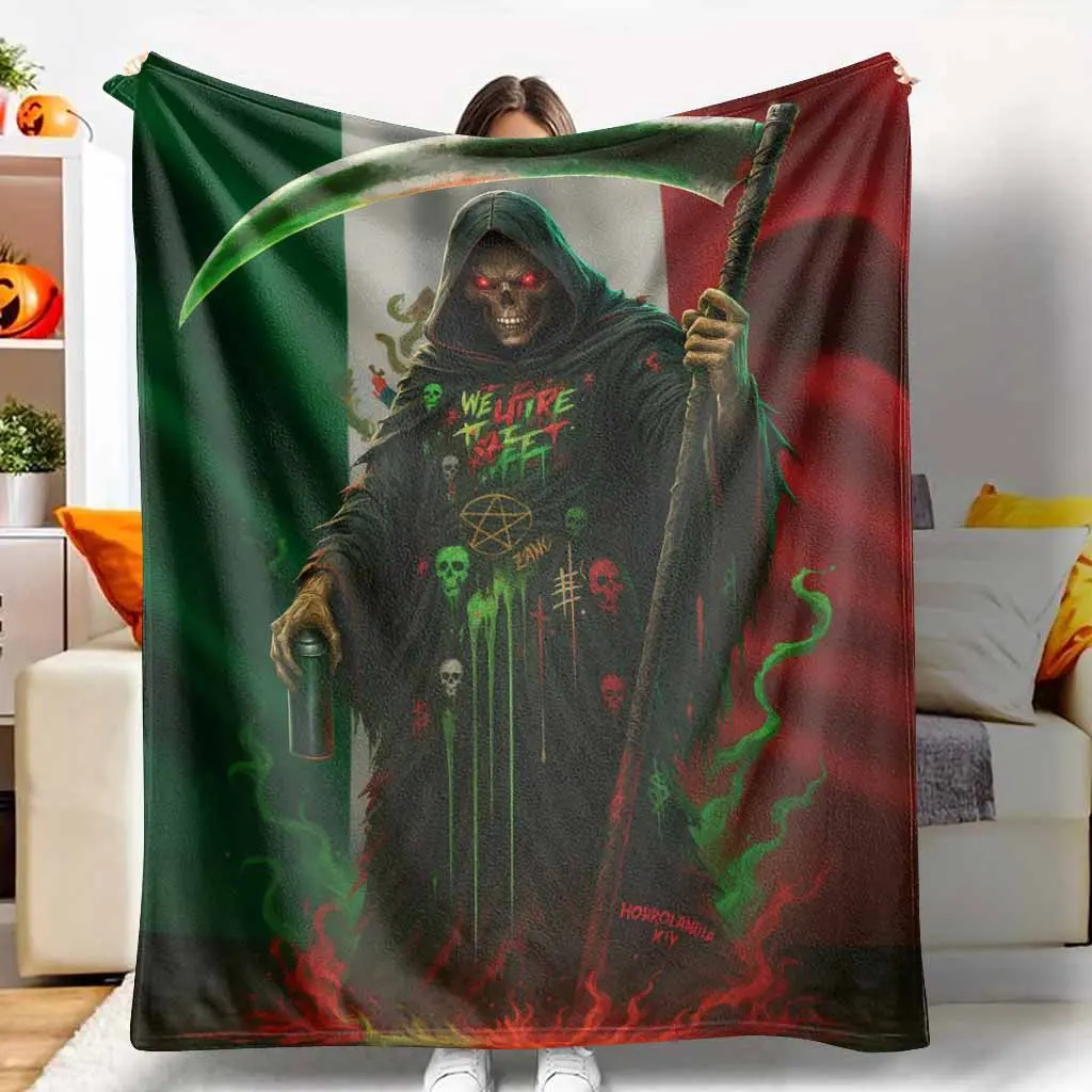 Grim Reaper Mexican Flag Print Flannel Throw Blanket - Ultra-Soft, Lightweight, Breathable, Wrinkle Resistant, HD Fade-Resist Dye Flannel Throw for Sofa, Indoor/Outdoor Use, Travel-Ready Pack, Day of the Dead Gift for Horror Fans