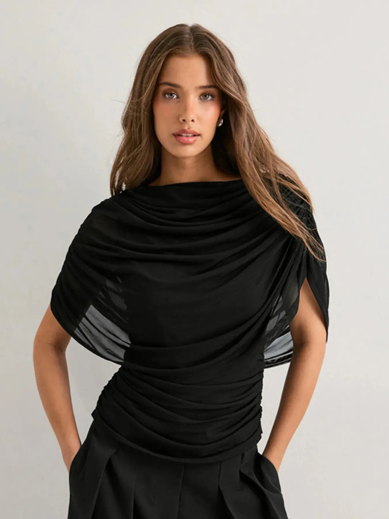 Women's Fashion Sheer Ruched Mesh Top, Drape Design Urban Style, Perfect for Daily Wear or Outdoor, Versatile Stylish Item