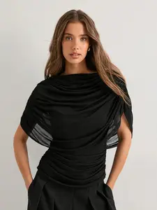 Women's Fashion Sheer Ruched Mesh Top, Drape Design Urban Style, Perfect for Daily Wear or Outdoor, Versatile Stylish Item