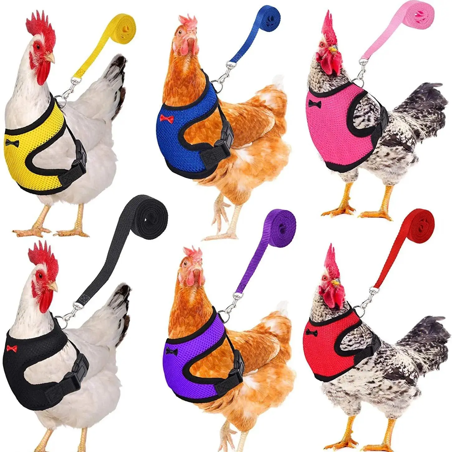 Poultry Harness & Lead Set - Adjustable, Breathable Mesh Pet Vest with Matching Collar, Bow & Leash for Chickens, Ducks, Farm Animal Poultry Supplies