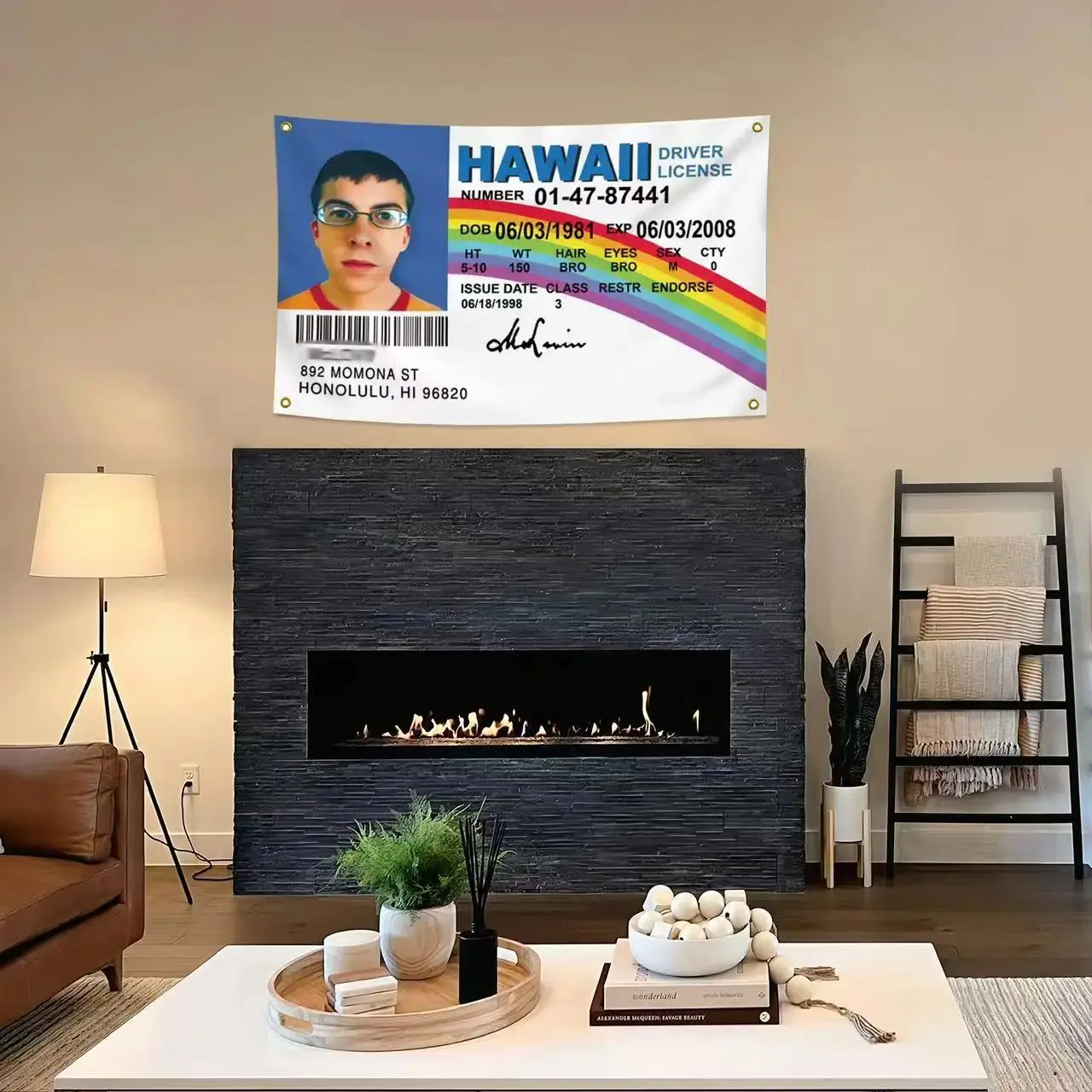 Smooth Lightweight Soft Polyester Mclovin Hawaii Fake Driver License Print Tapestry, Durable Fade-Resistant Birthday Collectible, Anime Music Themed Home Decor Wall Hanging for Room College Dorm， bedroom decor cool stuff for room mens room decor Decorativ