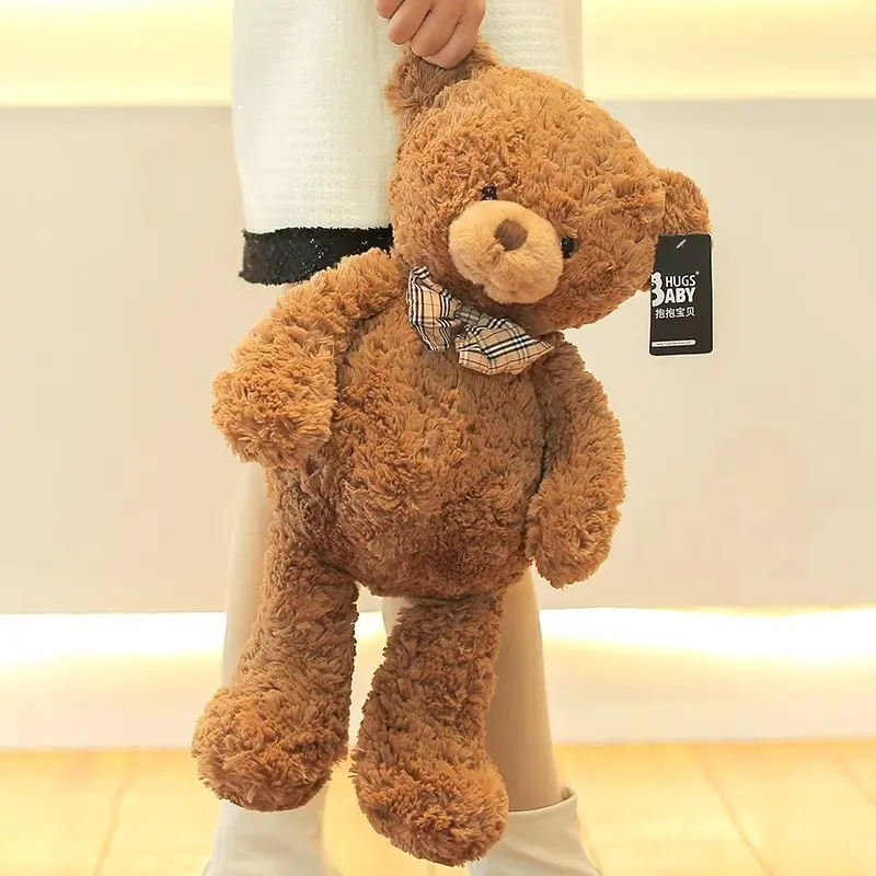Classic Brown Teddy Bear Plush Toy, Curly‑fur Bear with Plaid Bow Tie, Soft Stuffed Animal for Gift & Decor