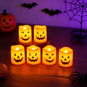 6pcs Halloween Pumpkin Smile Candle Ornaments, Illuminated Candles, Battery-Operated Festival Decor, Electronic Candle Lamp, Horror Party Atmosphere Decor