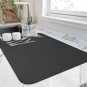 Dish Drying Mat for Kitchen Counter Coaster, Heat Resistant Drainer Mats with Non-slip Rubber Backed, Hide Stain Kitchen Super Absorbent Draining Mat, Easy to Clean Dish Rack Pad, Black 16"x18"