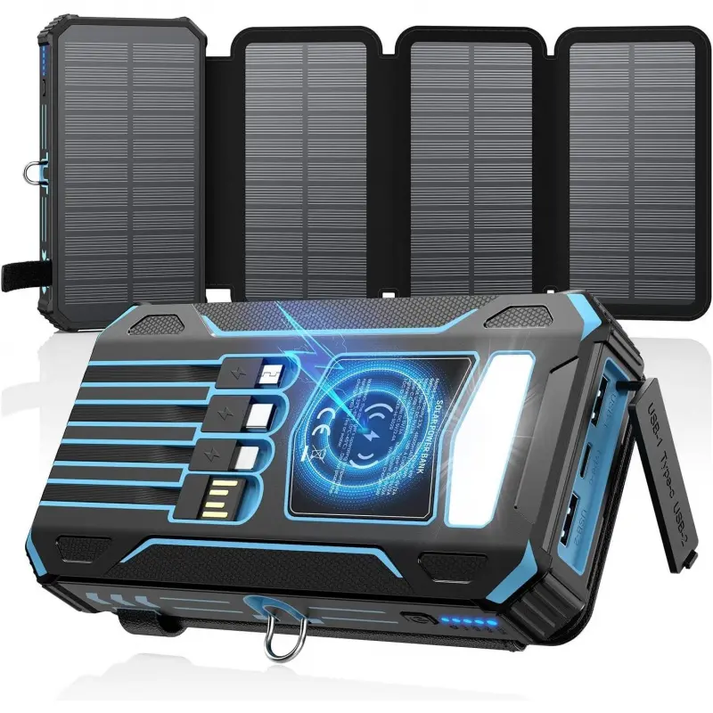 Solar Charger Power Bank - 48000mAh Wireless Portable Battery Pack with Built-in 4 Cables, 4 Solar Panels, PD QC 3.0 Fast USB C, Flashlight, iPhone Compatibility, for Multi-Devices Camping Travel (Blue), Fast Charger Iphone