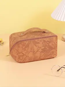 Solid Color Floral Embossed Makeup Bag, Travel Cosmetic Bags, Large Capacity Multi-functional Retro Style Cosmetic Bag, Women's Handbag, Makeup Storage Bag, Makeup Pouch, Cosmetic Pouches