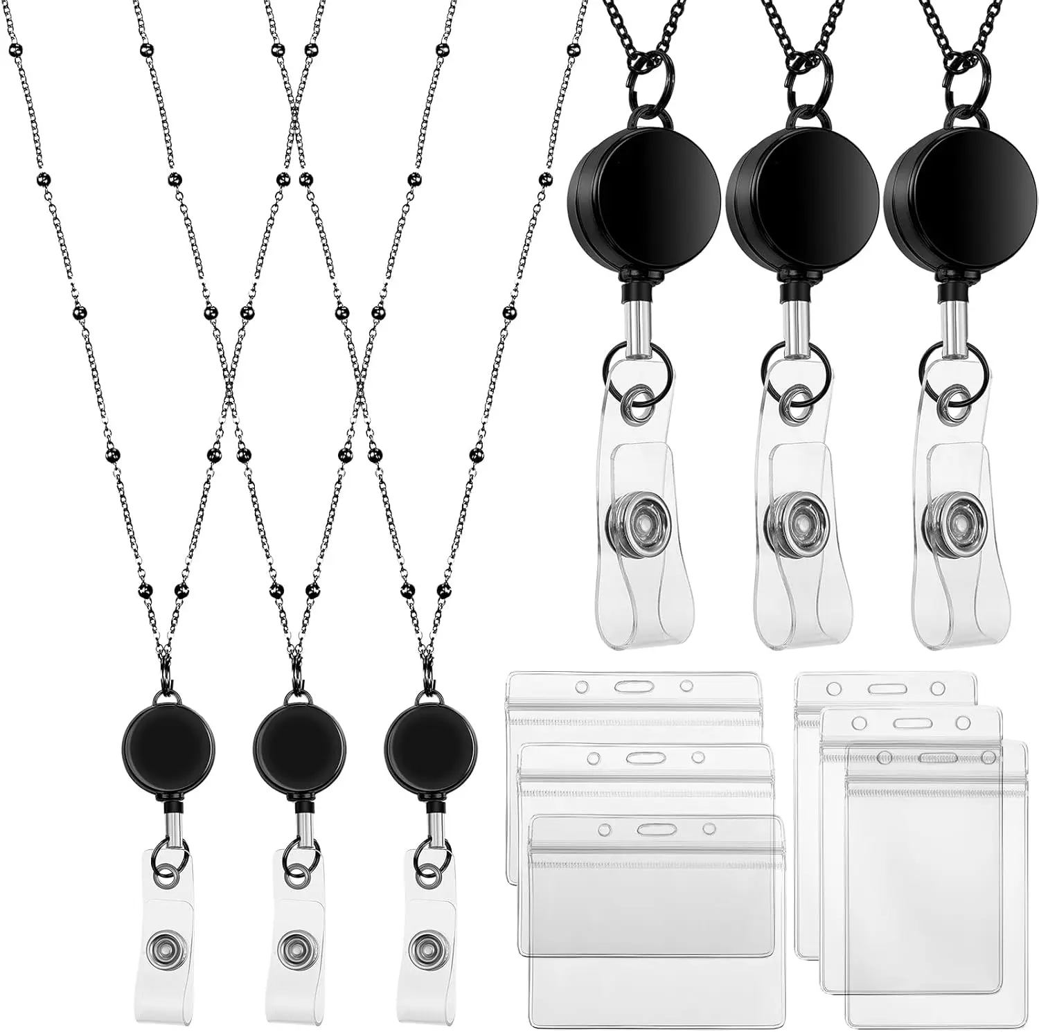 Retractable Lanyard with ID Holder – 3 PCS Beaded Badge Necklace with 6 Waterproof Card Holders for Nurses, Teachers & Cruise (Black)