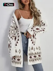 Women's Geometric Print Drop Shoulder Cardigan, Casual Long Sleeve Open Front Knitwear for Fall & Winter, Fashion Ladies' Knit Clothing for Daily Wear, Knitting Sweater Cardigan