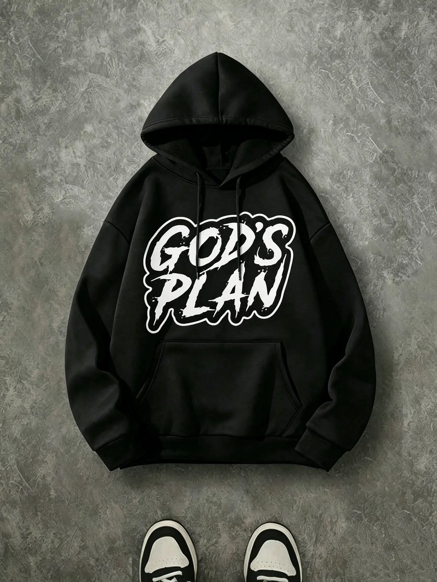 Unisex Oversized God's Plan Distressed Outline Graffiti Letter Hoodie - 270G Brushed Fleece Fabric, White Brush Stroke Faith Print, Black Ribbed Soft Pullover, Chic Urban Inspirational Christian Streetwear Basics for Party, Thanksgiving, Outdoors, Sweatpa