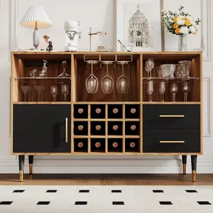 47 Inch Wood Liquor Cabinet with Storage, Charging Station & RGB LED Light, Modern Bar Table Furniture for Dining Room Living Room