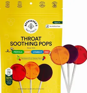 Kids Throat Soothing Lollipops by Beekeeper's Naturals - Doctor Formulated Immune Support, Vitamin D & Honey, Under 2g Sugar, Clean Ingredients,15 ct