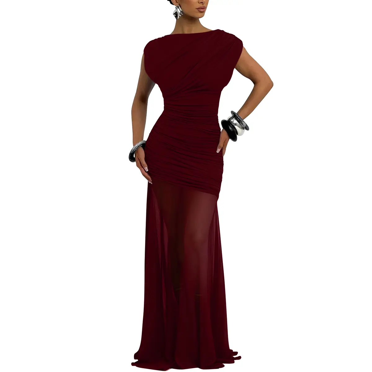 OYS Women's Elegant Sleeveless Ruched Bodycon Mesh Sheer Long Formal Evening Party Dress