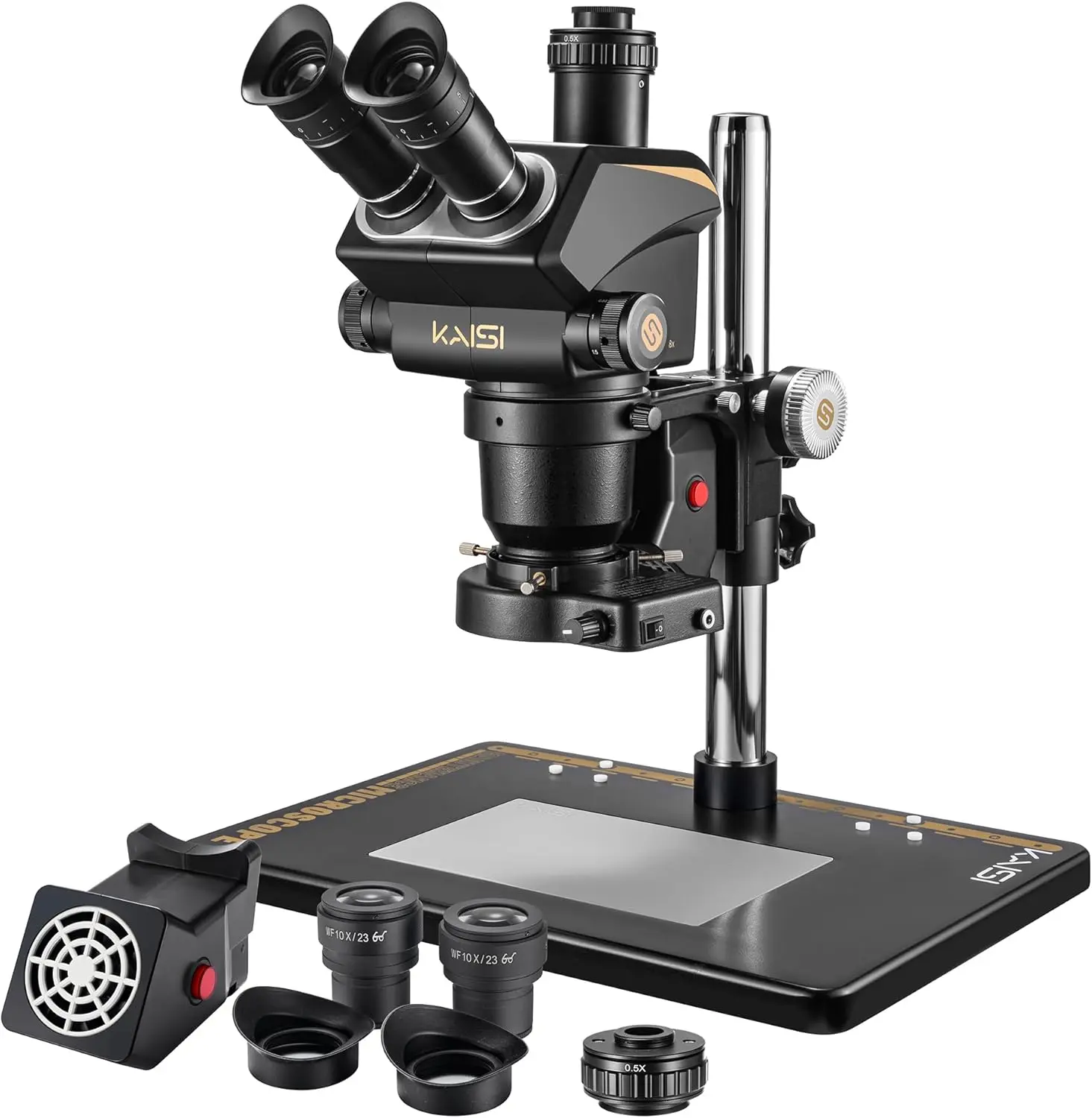KAISI S6 Trinocular Stereo Microscope for PCB Soldering Electronics Repair, 6.8X-68X Zoom, WF10x23 Wide Field Eyepieces, 144 LED Ring Light Bright Illumination, Built-in Smoke Extraction, 14.9" Heat-Resistant Mat, Ergonomic Design, Bright Led Illumination