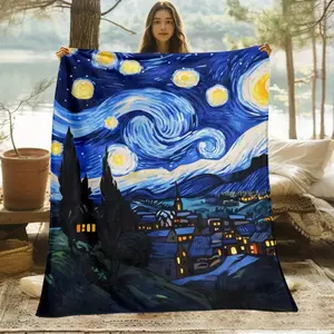 Van Gogh Starry Night Blanket - Lightweight Flannel Throw with Swirling Blues & Yellows - All-Season Soft Bedspread, Couch Cover or Camping Blanket - Perfect Gift for Art Lovers, Blanket for Bed, Artistic Bedding