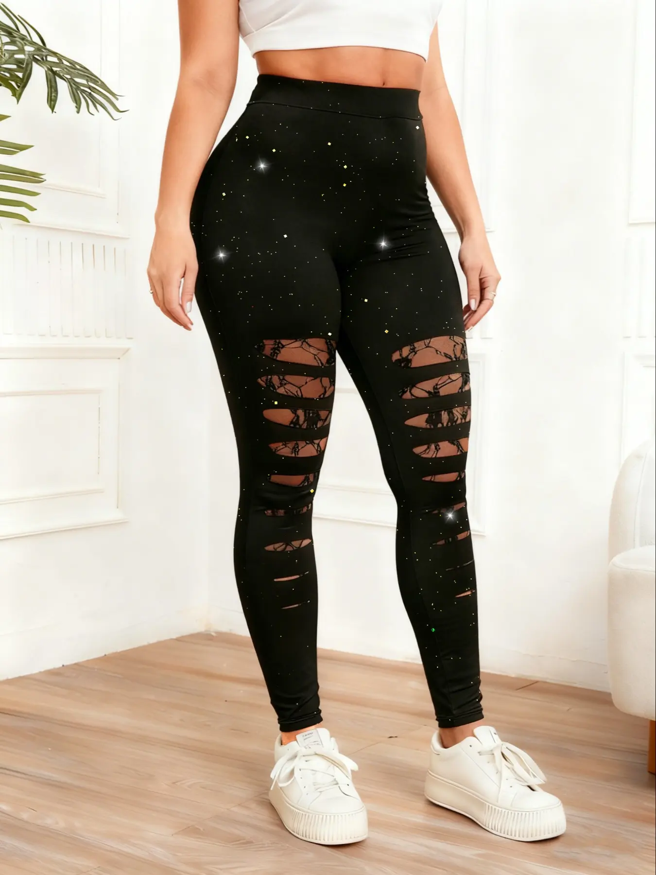 Women's Plus Size High-Waisted Fitted Stretchy Tight Pants with Lace Patchwork, Sequin Detail and Ripped Design, Stylish and Comfortable Fitted Leggings Bottoms for Daily Wear