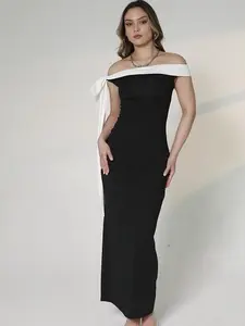 Elegant Off Shoulder Long Sleeve Knot Dress Womenswear Casual Wear Spandex
