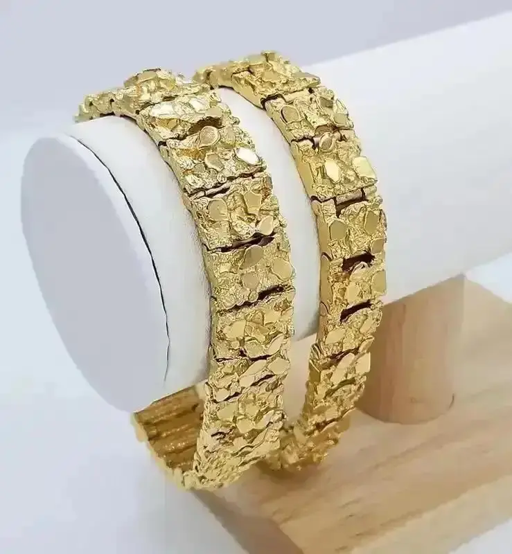 Gold Nugget Bracelet, 13mm or 15mm Width, Gold Nugget Bracelet, 14k Heavy Plated Gold, High Quality Bracelet, Lifetime Replacement Guarantee