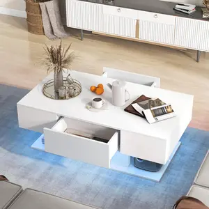 COSTWAY Modern LED Coffee Table - 2-Tier Center Table w/ 2 Storage Drawers, Adjustable Brightness & Speed, 20-Color Light, 43.5''L Rectangular High-Gloss Finished Table for Living Room (White/Black))