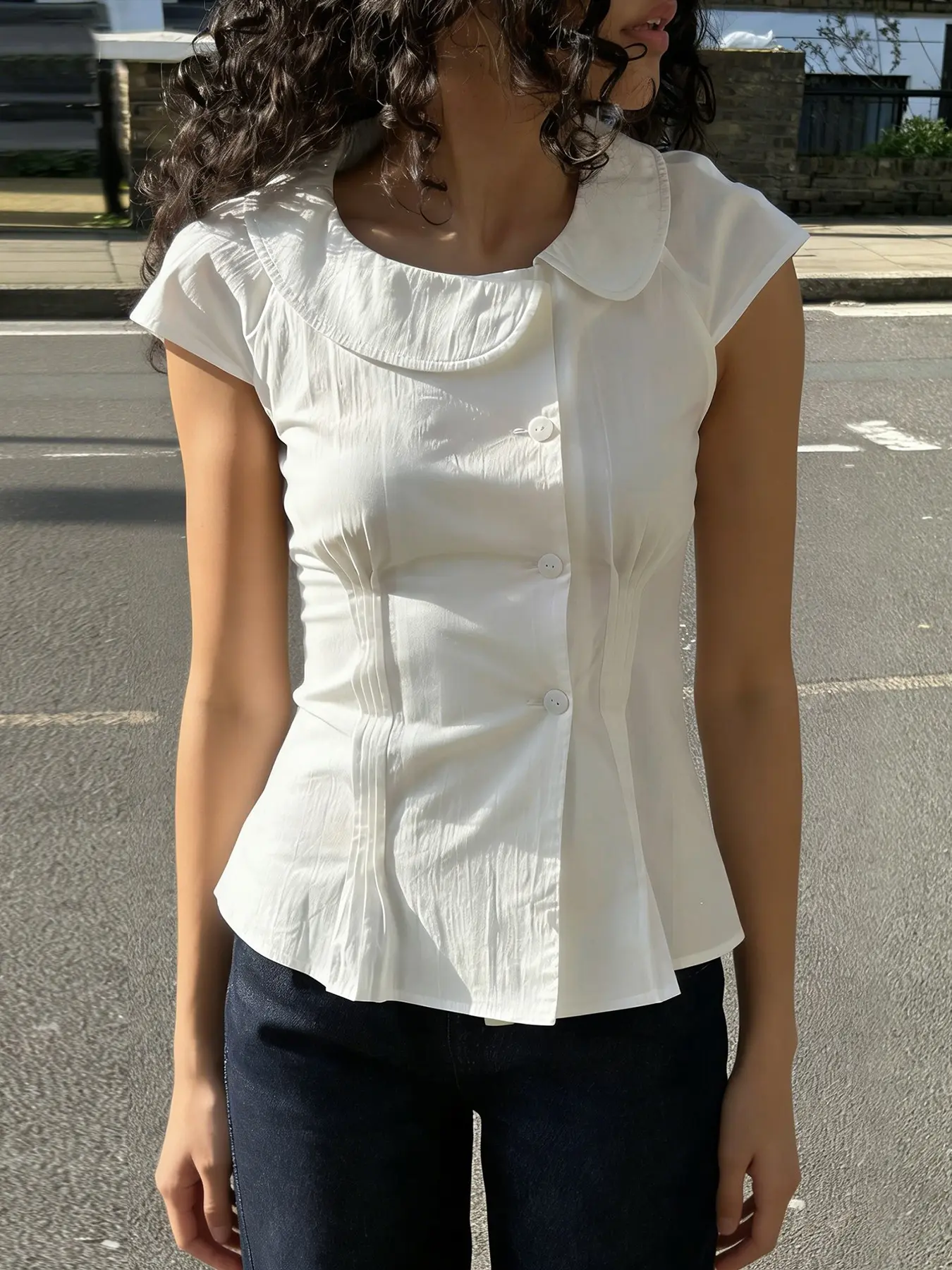 Peter Pan Collar Waist-Cropped Short Sleeve Shirt, French Elegant Casual Single Button Summer T-Shirt, Women's Commuter Style