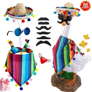 4 Pcs/Set Mexican Porch Goose Outfits - 23"/17" Lawn Goose Statue Clothes with Sombrero Bandana Beard & Glasses for Cinco De Mayo Patio Yard Decoration