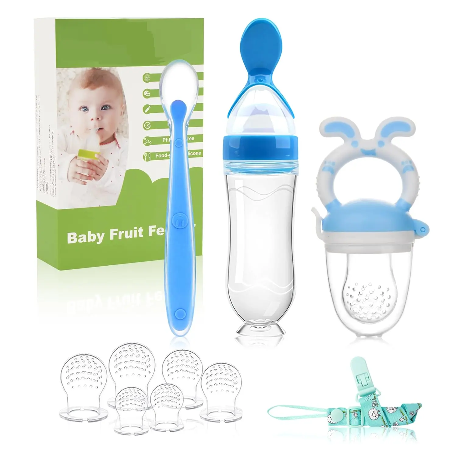 Baby Fruit Feeder Pacifier Set - 3-in-1 & 6-in-1 Packs, Infant Food Feeder Spoon, Mesh Teethers, Sky Blue Multi-Functional Baby Items for 3-12 Months Teething Relief & Outdoor Feeding