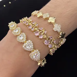 Charm Bracelets 14K Gold Plated Romantic CZ Heart Clover Cherry Bracelets
