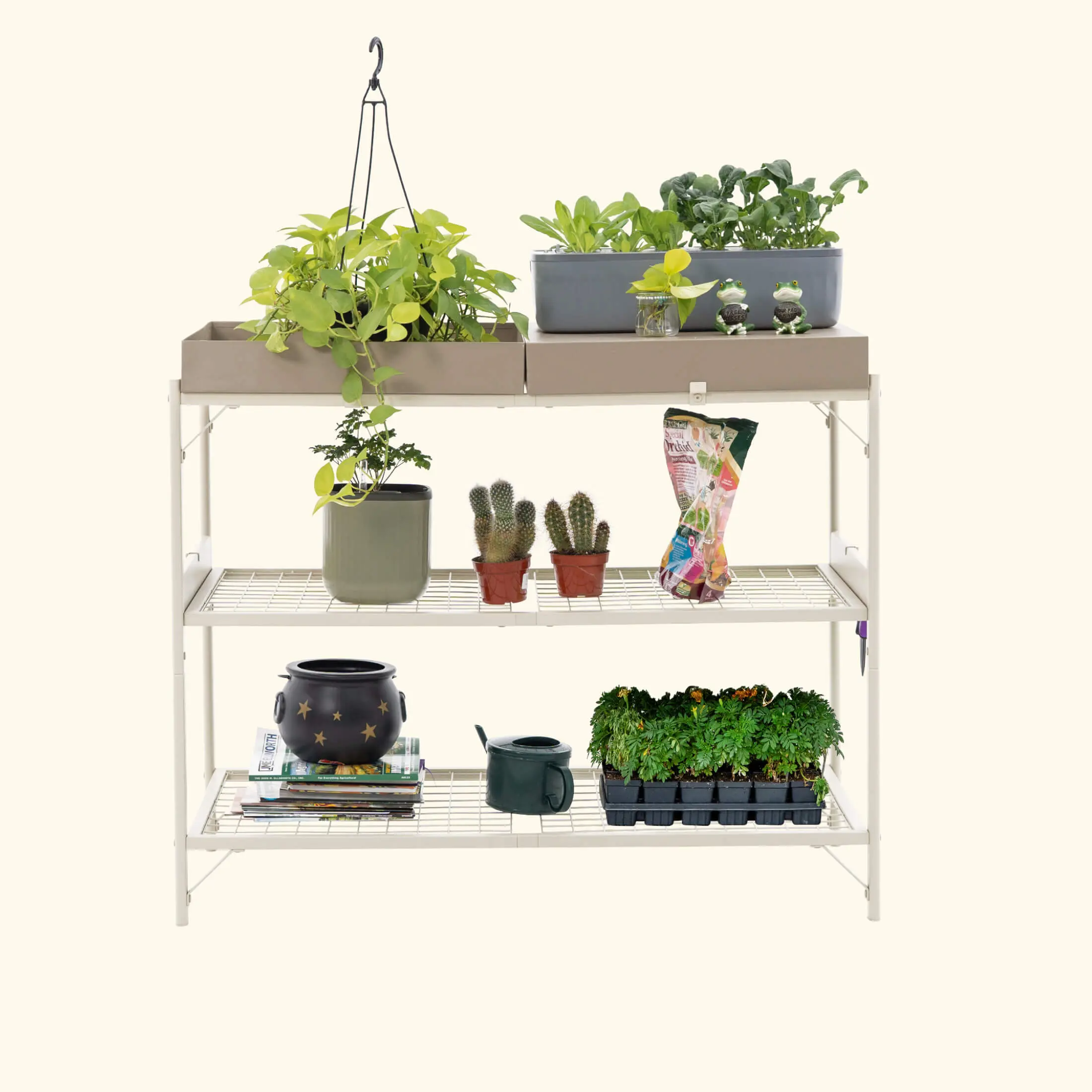 Vego Garden Potting Table with Dual Reversible Work Trays Adjustable Lights & Lockable Wheels for Potting Staging Plants and Organizing Tools