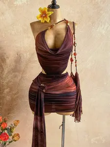YESENIA Spring/Summer New Casual Vacation Western Beach Wedding Guest Attire Graduation Brunch Dress, Elegant Boho Tropical Backless Halter Ombre Print Metallic Decor Ruffle Mini Dress For Date, Party,Brown Dress,,Summer Dress,Vacation Dress