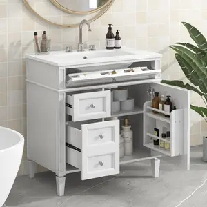 30 inch Modern Bathroom Vanity with Ceramic Sink, Storage Cabinet with 2 Drawers and Tip-out Tray White Single Sink Vanity with Soft-Close Doors and Adjustable Shelf