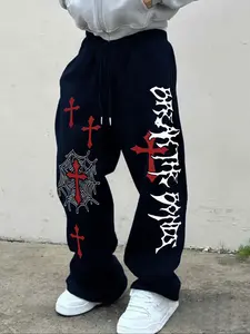 Men's Gothic Print Jogger Pants, Loose Straight Leg, Mesh Design, Casual Sportswear, Drawstring Waist, All Seasons, Gym & Leisure Wear, Jogging Pants