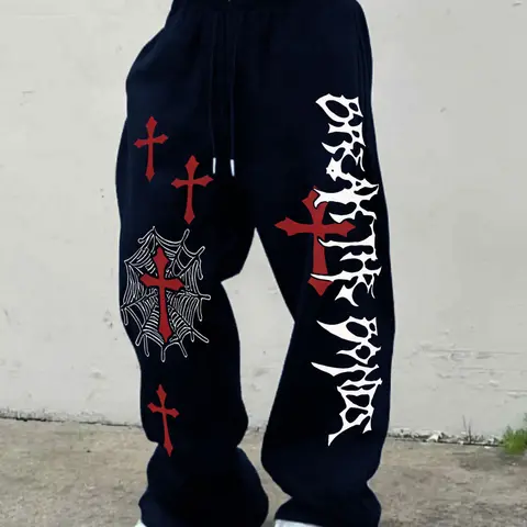 Men's Gothic Print Loose Straight-Leg Sweatpants, Casual Sportswear for All Seasons, Drawstring Waist, Gym & Leisure Wear, Track Pants, Casual Streetwear Sweatpants