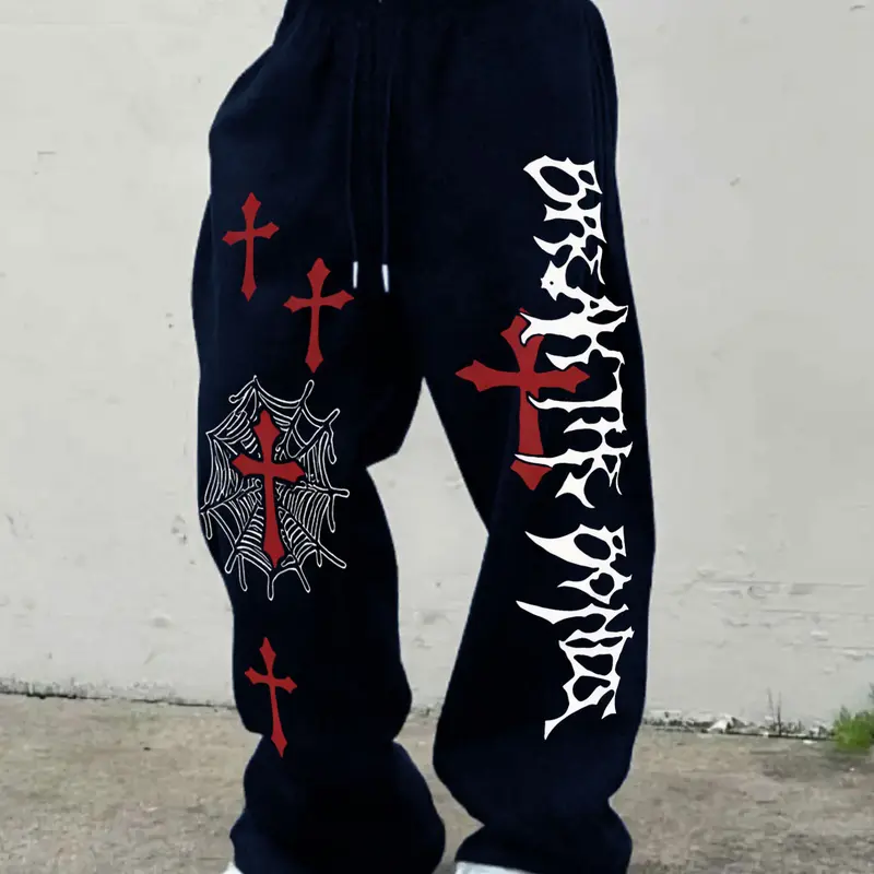 Men's Gothic Print Loose Straight-Leg Sweatpants, Casual Sportswear for All Seasons, Drawstring Waist, Gym & Leisure Wear, Track Pants, Casual Streetwear Sweatpants