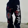 Men's Gothic Print Loose Straight-Leg Sweatpants, Casual Sportswear for All Seasons, Drawstring Waist, Gym & Leisure Wear, Track Pants, Casual Streetwear Sweatpants