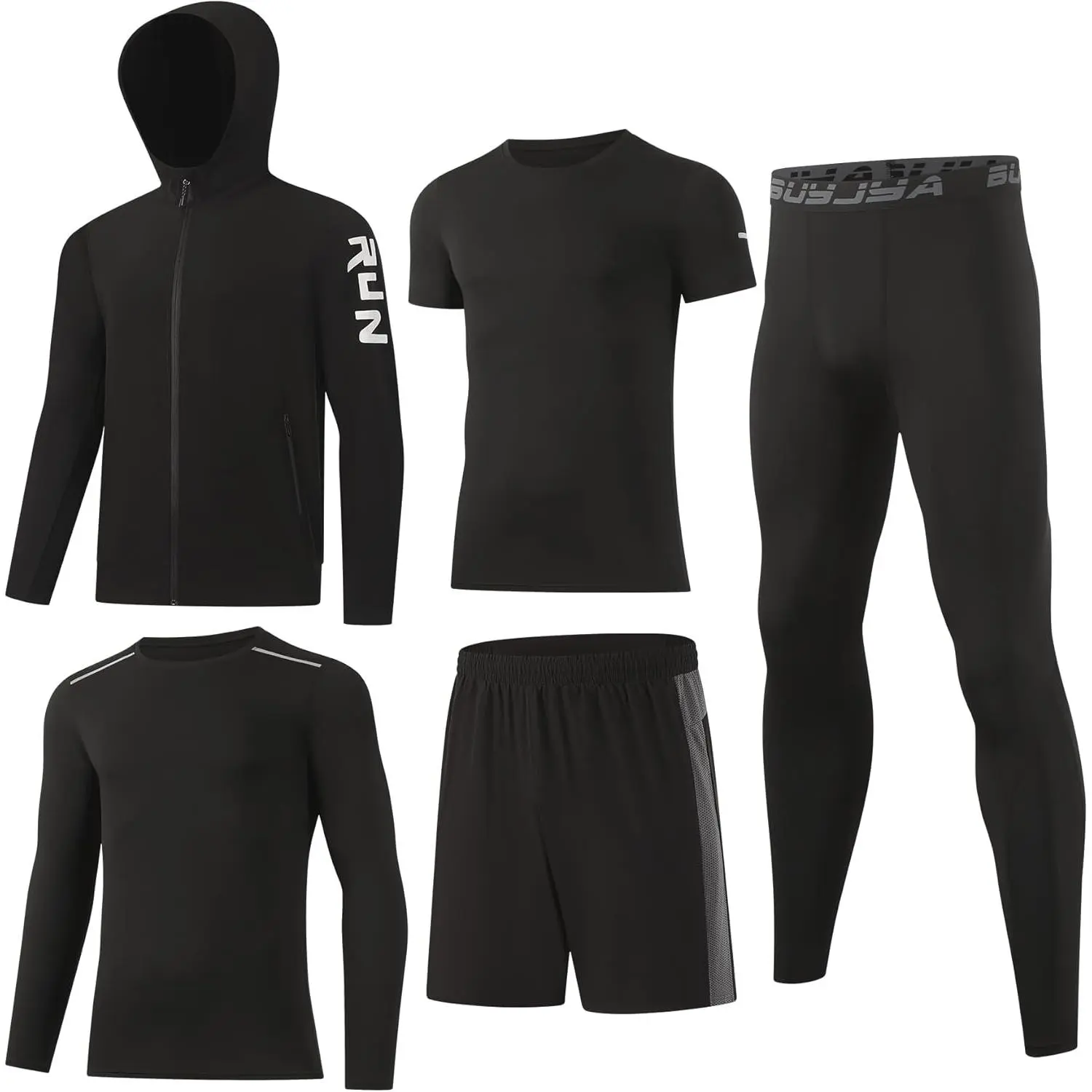 Male 5-Piece Workout Set - Long Sleeve T-Shirts, Athletic Zipper Pocket Shorts, Jackets, Compression Pants for Gym Use (No Festive Party Bag/Gift Inclusions)