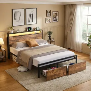 Queen Size Bed Frame with Mattress, LED Lights & Charging Station, Storage Headboard with Drawers, Noise-Free Platform Bed, No Box Spring Needed – Cama Queen con Colchón