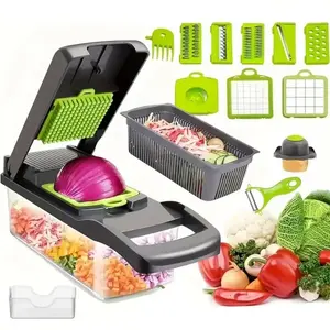 Vegetable Chopper,12-in-1 Multifunctional Food Chopper,Professional Onion Chopper with 7 Blades,Vegetable Cutter with Container for Salad,Potato,Carrot,and Garlic; Essential Kitchen Tool