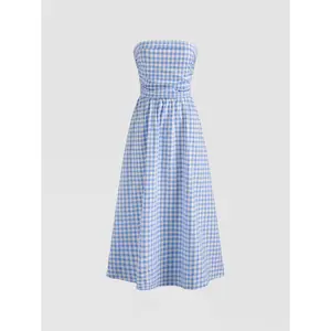 Cider [3 colors, size 0-26] Tube Gingham Ruffle Shirred Zipper Midi Dress
