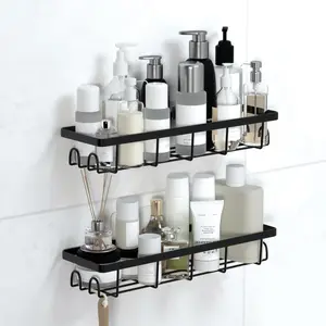 Shower  Organizer with Hooks,Self Adhesive Bathroom Shelves,No Drilling Bathroom Organizers and Storage, for RV, Apartment,  Decor,2 Pack Black