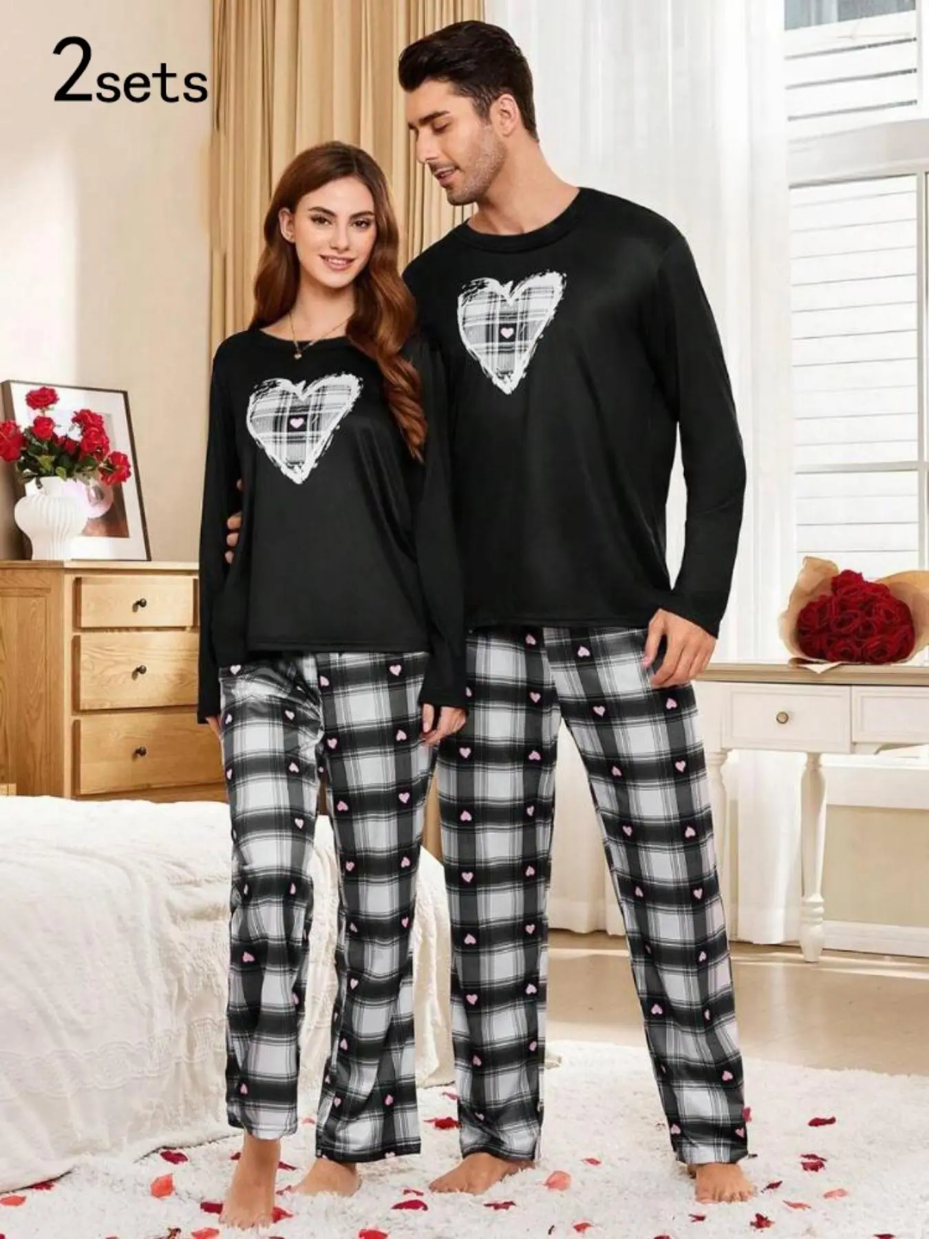Couple Pajamas Set Long Sleeve Baggy Loungewear, Casual Home Wear for Men Women, Comfortable Sleepwear Plaid Heart for All Seasons